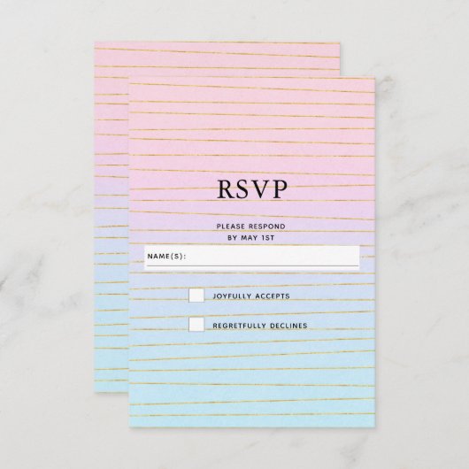 Roze Blauwe Pastel Gradient met Gouden Lijnen Trou RSVP Kaartje (Voorkant / Achterkant)