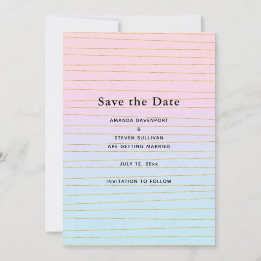 Roze Blauwe Pastel Gradient met Gouden Lijnen Trou Save The Date (Voorkant)