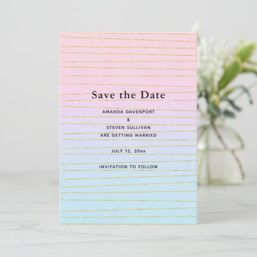 Roze Blauwe Pastel Gradient met Gouden Lijnen Trou Save The Date (Staand voorkant)