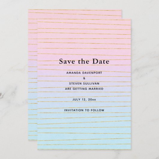 Roze Blauwe Pastel Gradient met Gouden Lijnen Trou Save The Date (Voorkant / Achterkant)