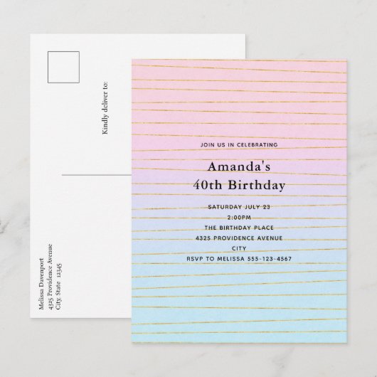 Roze Blauwe Pastel Gradient met Gouden Lijnen Verj Uitnodiging Briefkaart (Voorkant / Achterkant)