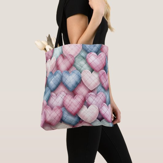 ROZE & BLAUWE PASTEL PLAID VALENTIJN HARTEN TOTE BAG (Dichtbij)