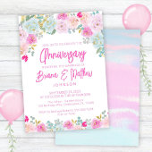 Roze Blauwe Perzik Bloemen Huwelijk Jubileum Kaart