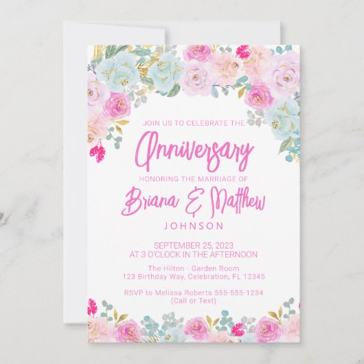 Roze Blauwe Perzik Bloemen Huwelijk Jubileum Kaart (Voorkant)