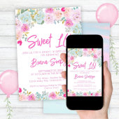 Roze Blauwe Perzik Bloemen Sweet 16 Verjaardagsfee Kaart