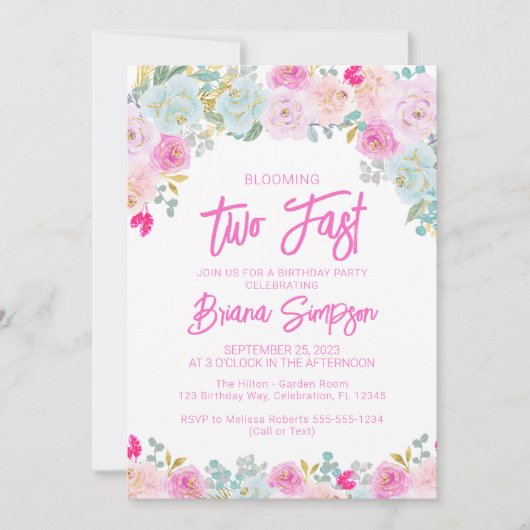 Roze Blauwe Perzik Bloemen Te Snelle Verjaardag Kaart (Voorkant)