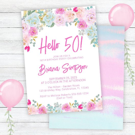 Roze Blauwe Perzik Paarse Bloemen 50ste Verjaardag Kaart