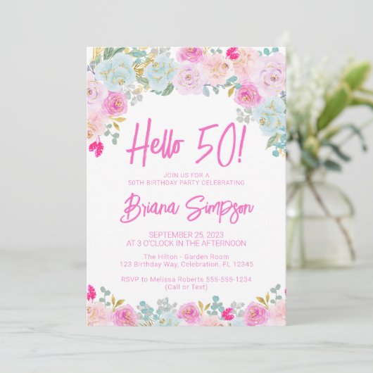 Roze Blauwe Perzik Paarse Bloemen 50ste Verjaardag Kaart (Staand voorkant)