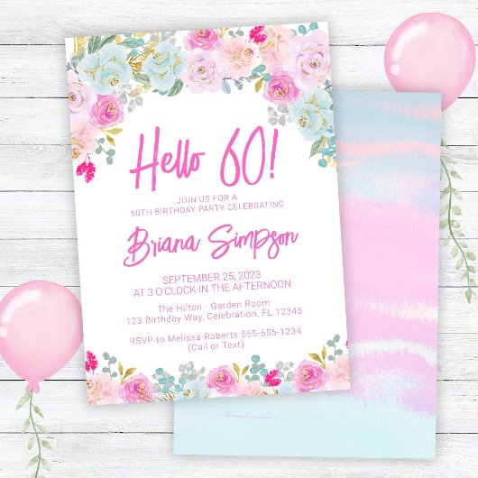 Roze Blauwe Perzik Paarse Bloemen 60ste Verjaardag Kaart