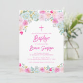 Roze Blauwe Perzik Paarse Bloemen Bloemdoop Kaart (Staand voorkant)