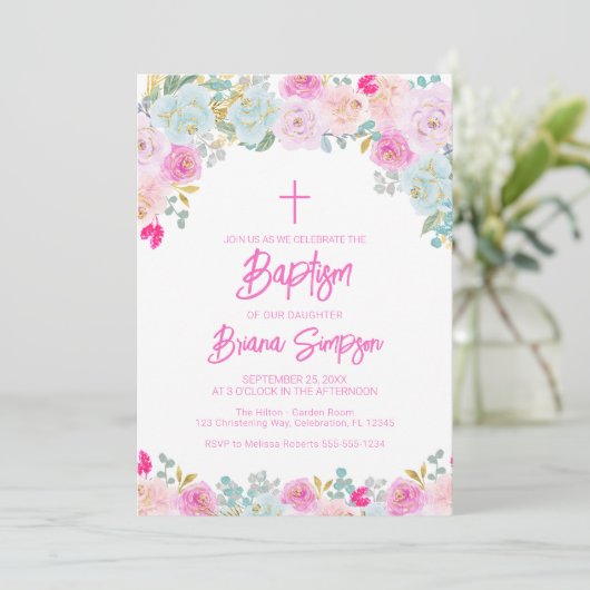 Roze Blauwe Perzik Paarse Bloemen Bloemdoop Kaart (Staand voorkant)