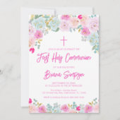 Roze Blauwe Perzik Paarse Bloemen Eerste Heilige C Kaart (Voorkant)