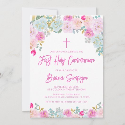 Roze Blauwe Perzik Paarse Bloemen Eerste Heilige C Kaart (Voorkant)