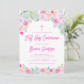 Roze Blauwe Perzik Paarse Bloemen Eerste Heilige C Kaart (Staand voorkant)