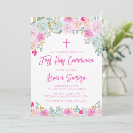 Roze Blauwe Perzik Paarse Bloemen Eerste Heilige C Kaart (Staand voorkant)