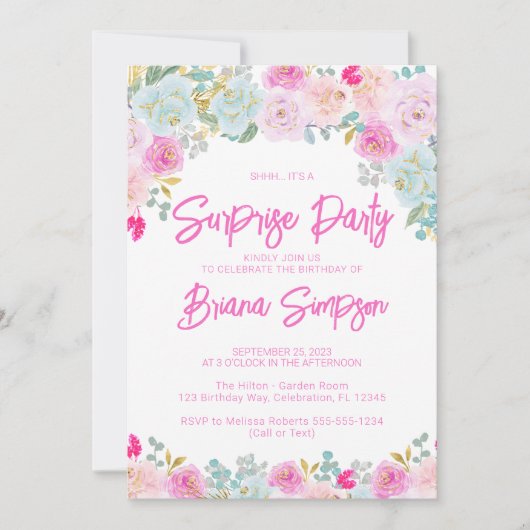 Roze Blauwe Perzik Paarse Bloemen Surprise Party Kaart (Voorkant)