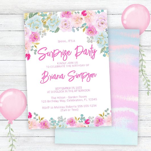 Roze Blauwe Perzik Paarse Bloemen Surprise Party Kaart