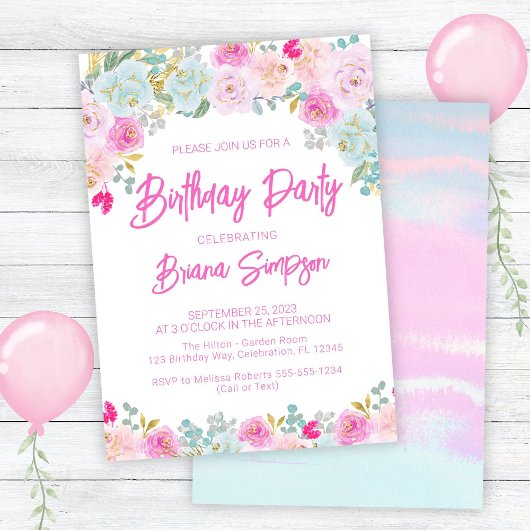 Roze Blauwe Perzik Paarse Bloemen Verjaardagsfeest Kaart