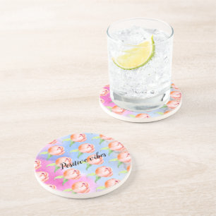 Roze Blauwe Perzik Tie dye Pioenen Zandsteen Onderzetter