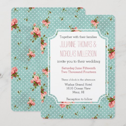 Roze Blauwe Polka Dots Bloemen Bruiloft Kaart (Voorkant / Achterkant)