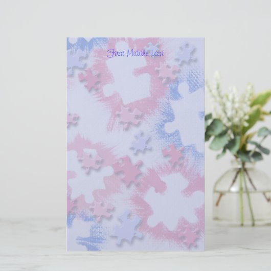 Roze blauwe puzzelstukjes, ruw geborsteld briefpapier (Staand voorkant)