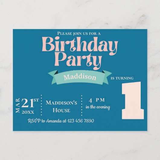 Roze Blauwe Regenboog Foto Verjaardagsfeest Uitnod Briefkaart (Achterkant)