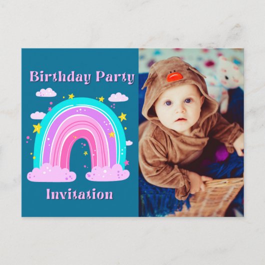 Roze Blauwe Regenboog Foto Verjaardagsfeest Uitnod Briefkaart (Voorkant)