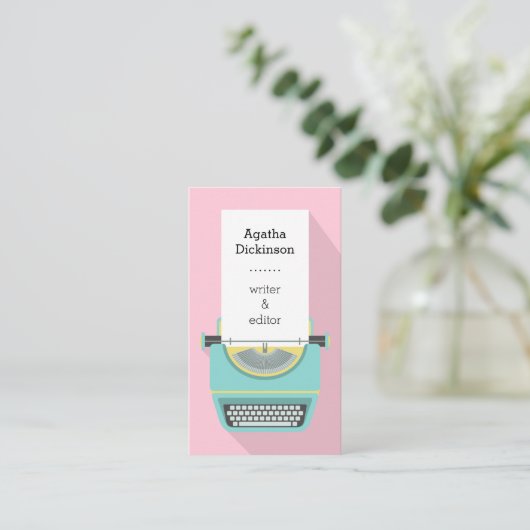 Roze blauwe retro-schrijfmachine visitekaartje (Staand voorkant)