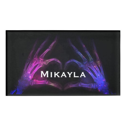 Roze/blauwe röntgenvingers vormen een hart naambadge (Voorkant)