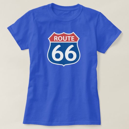 Roze blauwe roodbruine ROUTE 66 wegwijzer voor vro T-shirt (Design voorkant)