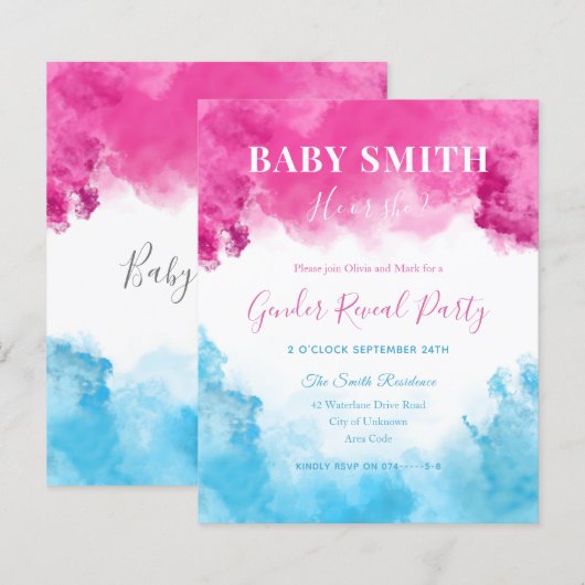 Roze blauwe rook Baby Genderonderzoek Uitnodiging (Voorkant / Achterkant)