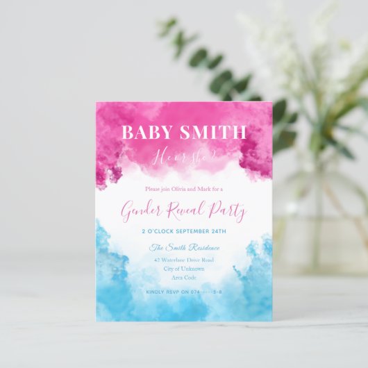 Roze blauwe rook Baby Genderonderzoek Uitnodiging (Staand voorkant)