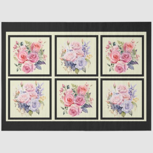 Roze & Blauwe Rose Boeketten Tegels Decoupage Tissuepapier (Voorkant)