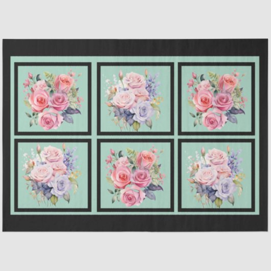 Roze & Blauwe Rose Boeketten Tegels Decoupage Tissuepapier (Voorkant)
