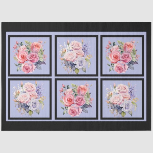 Roze & Blauwe Rose Boeketten Tegels Decoupage Tissuepapier (Voorkant)