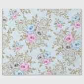 Roze blauwe Rozen Gold Damask Baroque Antonietta Cadeaupapier (Vlak)
