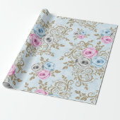 Roze blauwe Rozen Gold Damask Baroque Antonietta Cadeaupapier (Uitgerold)