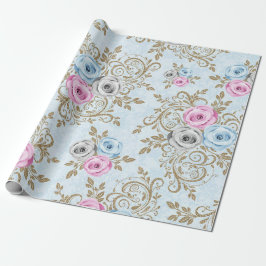 Roze blauwe Rozen Gold Damask Baroque Antonietta Cadeaupapier