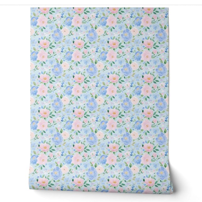 Roze Blauwe Rozen Pastelblauw Behang (Afrollen)