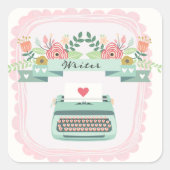 Roze & blauwe schrijfmachine, schrijver, tekenverb vierkante sticker (Voorkant)