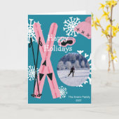 Roze & blauwe ski's kaart (Gele Bloem)