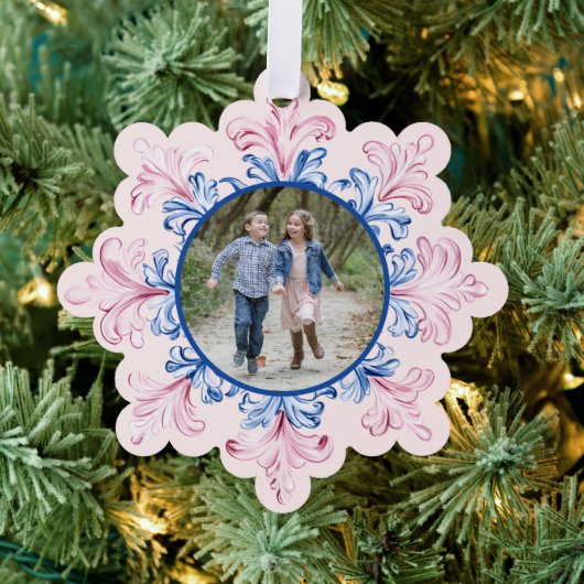 Roze & Blauwe Sneeuwvlok Foto Ornament Kaart (Insitu (Drie))