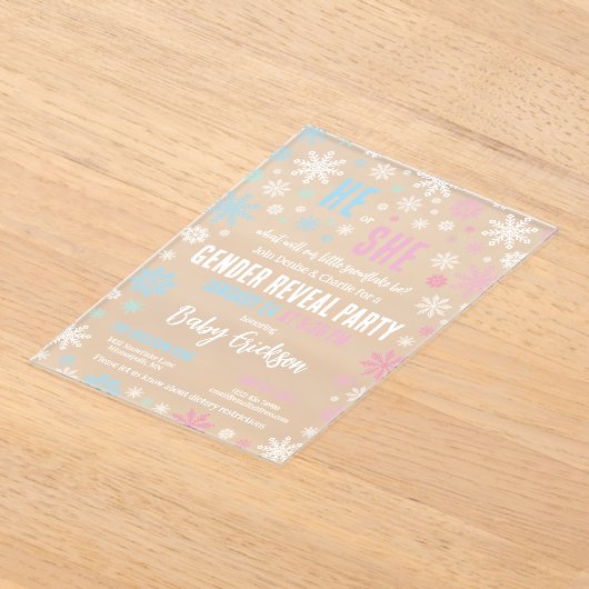 Roze Blauwe Sneeuwvlok Hij of Zij Winter Geslacht Acryl Uitnodigingen (Laagn)