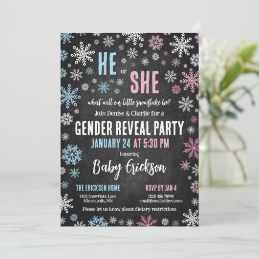 Roze Blauwe Sneeuwvlok Hij of Zij Winter Geslacht  Kaart (Staand voorkant)