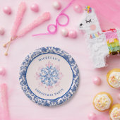 Roze & Blauwe Sneeuwvlok W/Damaskborder Papieren Bordje (Feest)