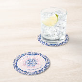 Roze & Blauwe Sneeuwvlok W/Damaskborder Ronde Kartonnen Onderzetter (Insitu)