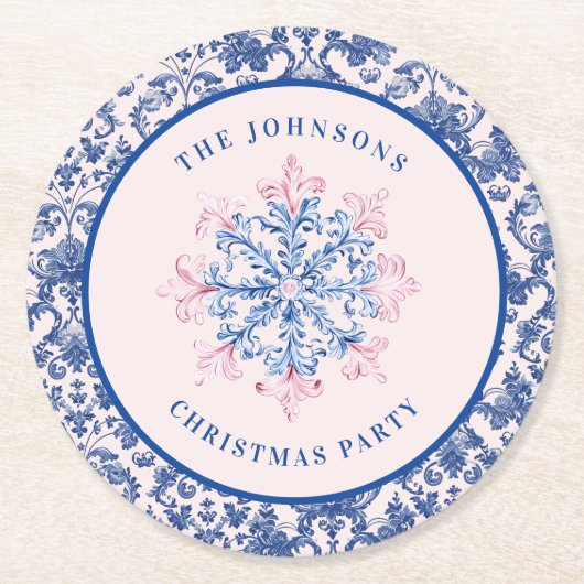 Roze & Blauwe Sneeuwvlok W/Damaskborder Ronde Kartonnen Onderzetter (Voorkant)