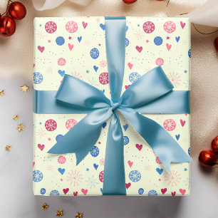 Roze Blauwe Sneeuwvlokken Hartjes Kerstpatroon Cadeaupapier