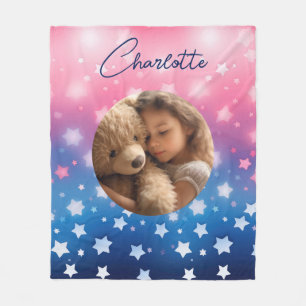 Roze Blauwe Sterren Aangepaste Foto en Naam Fleece Deken