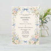 Roze Blauwe Strik Waterverf Bloemen Proefdiners Kaart (Staand voorkant)